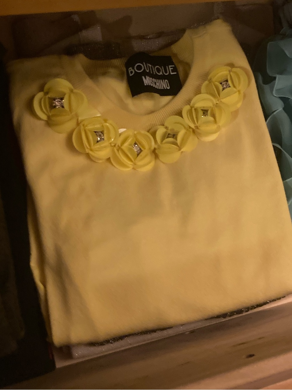 Moschino Yellow Sweater with Flower Paillettes with Diamonds Adorning The Collar